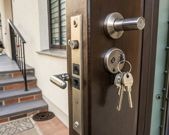 Clés suspendues à une serrure moderne sur une porte d'entrée en bois, légèrement ouverte, révélant le mécanisme interne.