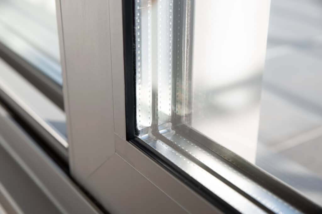 Cadre de fenêtre gris clair avec double vitrage, joint noir et perles deshydratantes entre les vitres, pour isolation thermique.