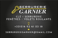 Carte de visite Serrurerie Garnier avec logo clé, services clés, serrurerie, fenêtres, volets roulants, tél: +33(0)4 92 41 03 18, email: serrureriegarnier@gmail.com