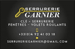 Carte de visite Serrurerie Garnier avec logo clé, services clés, serrurerie, fenêtres, volets roulants, tél: +33(0)4 92 41 03 18, email: serrureriegarnier@gmail.com