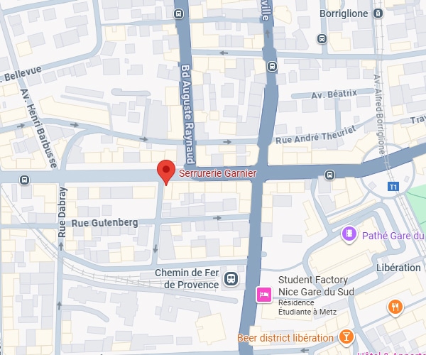 Plan détaillé de Nice montrant Serrurerie Garnier avec une épingle rouge, près de Bd Auguste Raynaud, Rue Gutenberg et Pathé Gare du Sud.